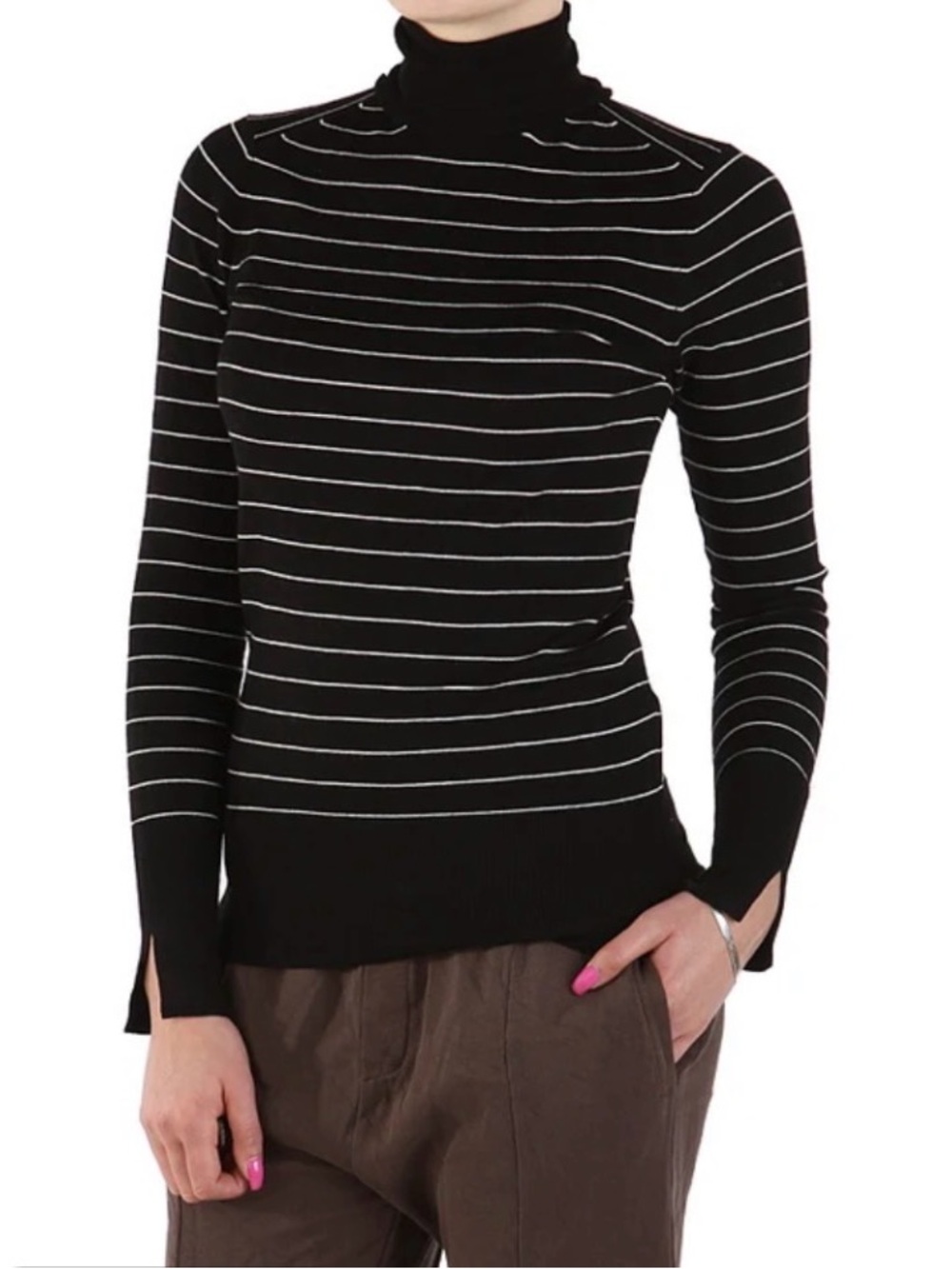 Zara Black and White Striped Turtleneck Sweater